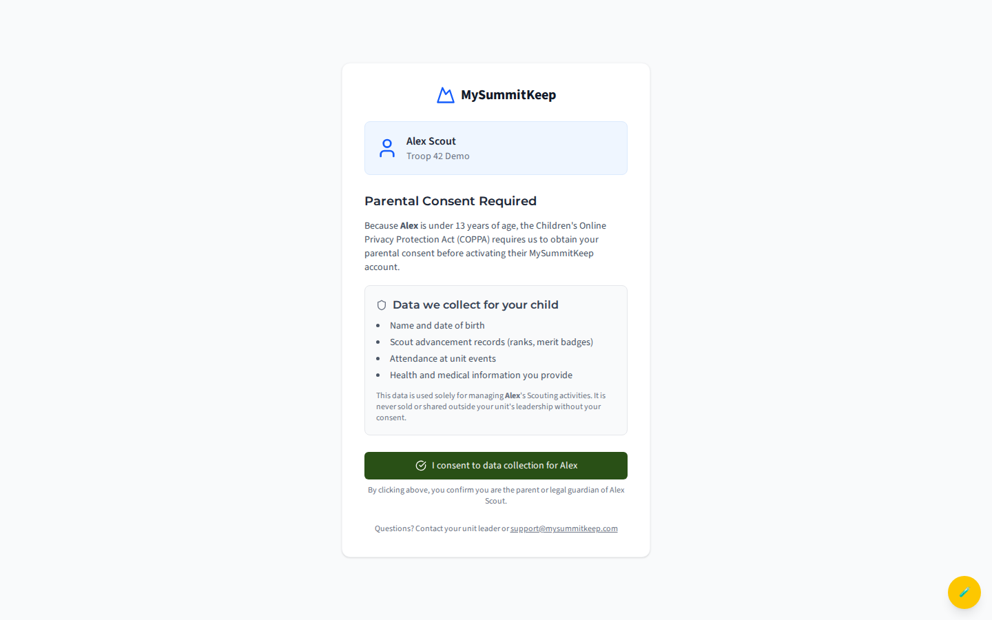 The /invite/parent consent landing page in its ready state for a signed-in parent