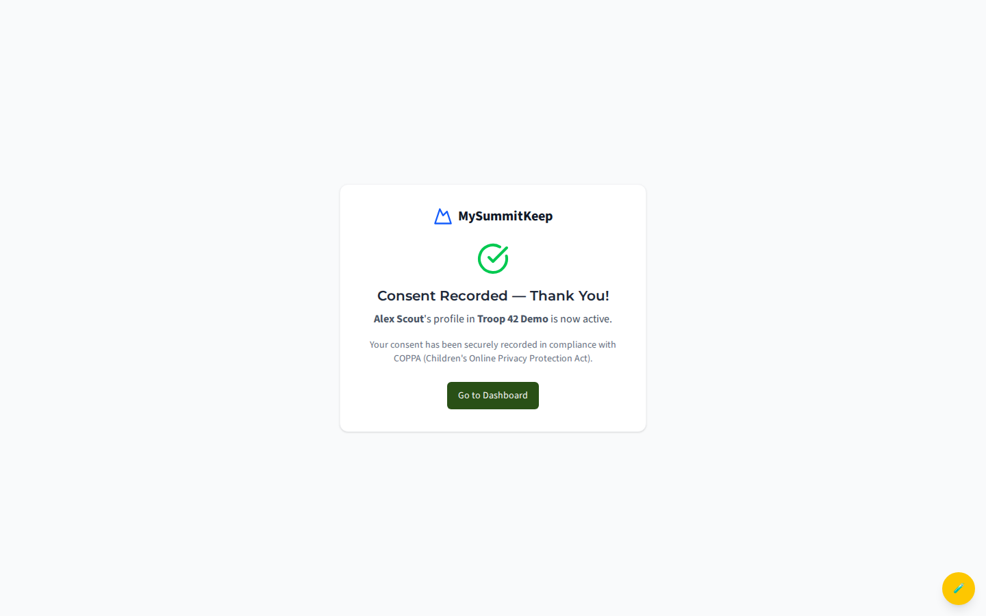 The /invite/parent success state confirming consent was recorded