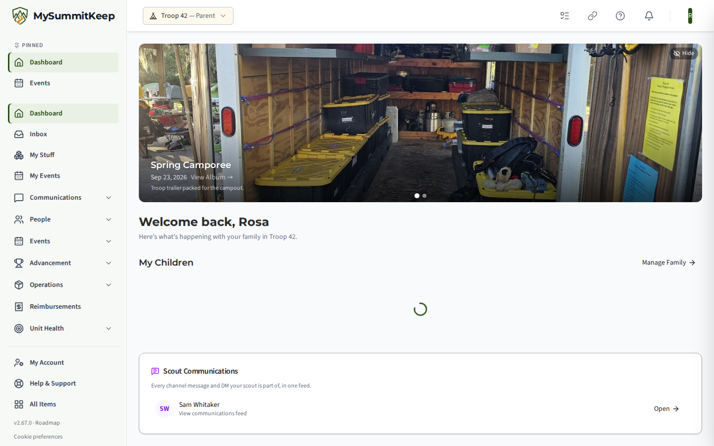 The parent dashboard with a Welcome back heading, My Children, Quick Actions, Upcoming Events, Financial Summary and Recent Activity sections.