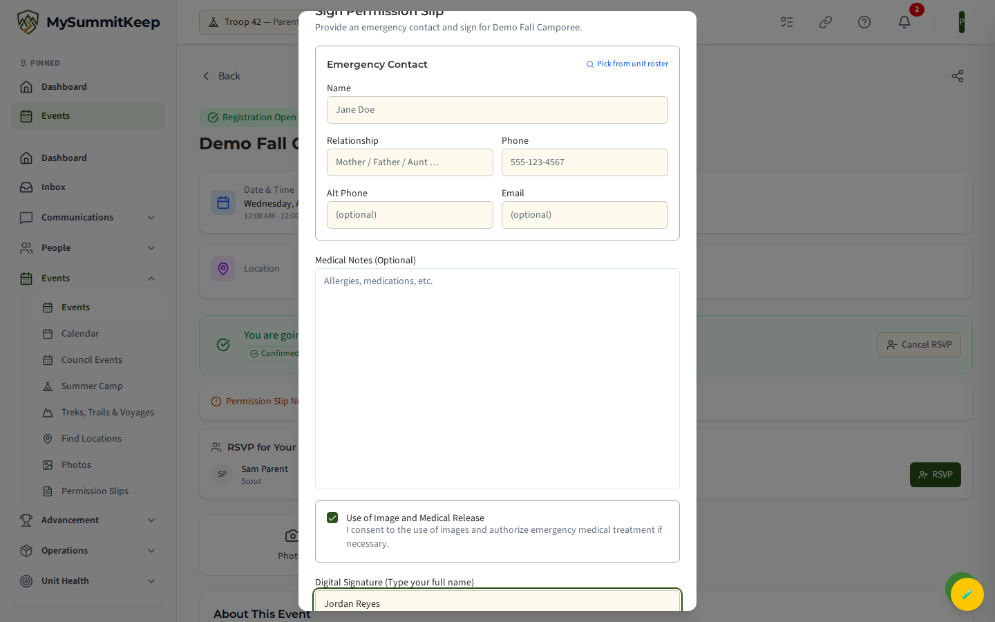 The per-event Sign Permission Slip modal a parent completes from an event: image-use and emergency-medical-treatment consent checkbox plus a typed digital-signature field.