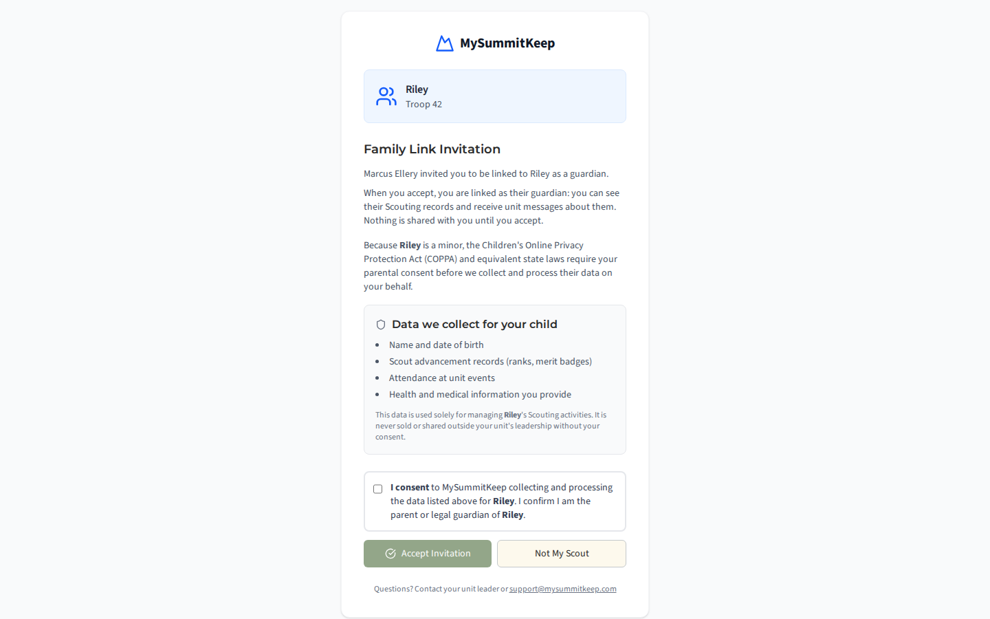 The emailed family-link invitation page: who invited you to which Scout, as what, the parental-consent disclosure and its checkbox, Accept invitation and 'Not my Scout'.