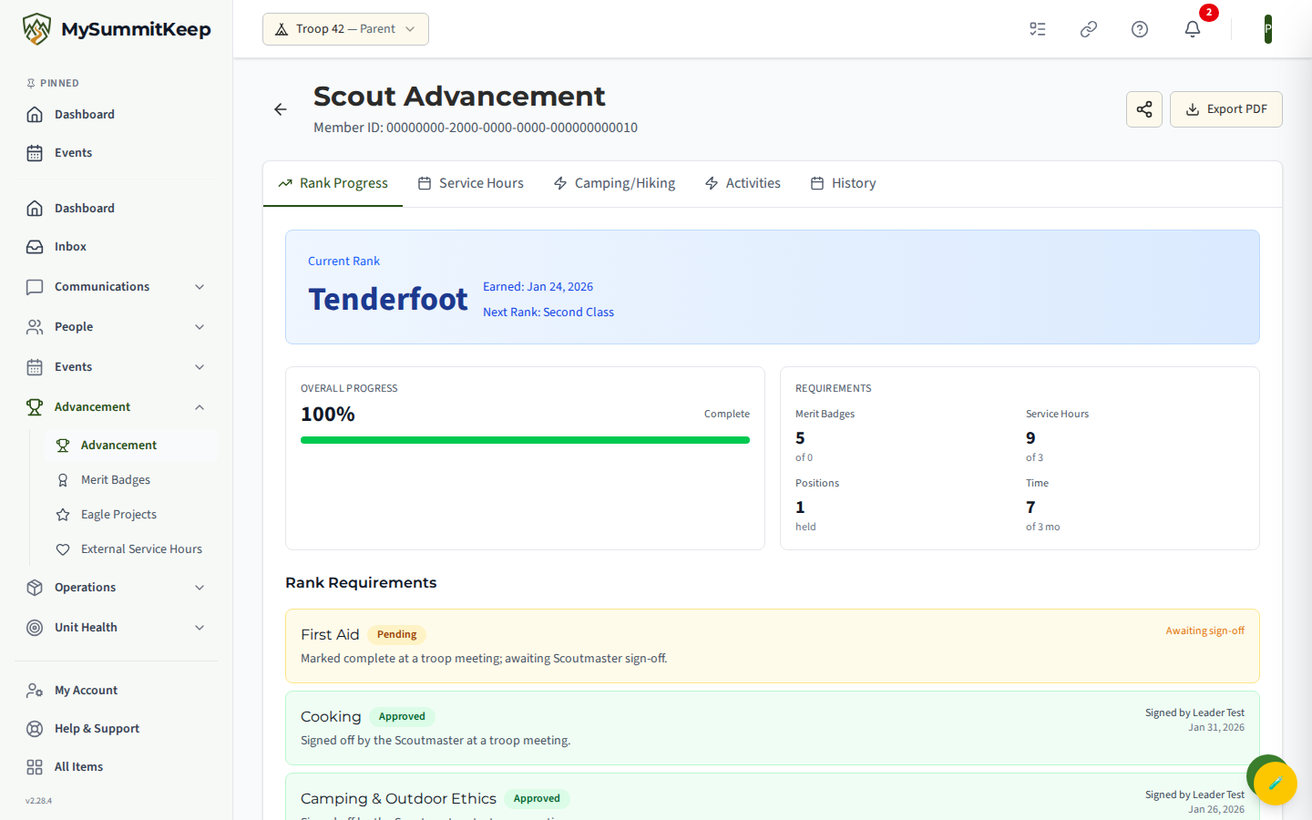 Scout advancement detail page (parent view) showing Rank Progress tab with earned/in-progress/not-started requirements