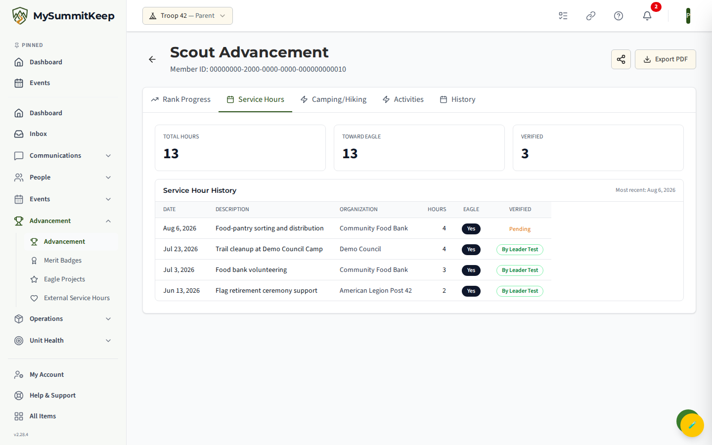 Scout advancement detail page Service Hours tab (parent view)