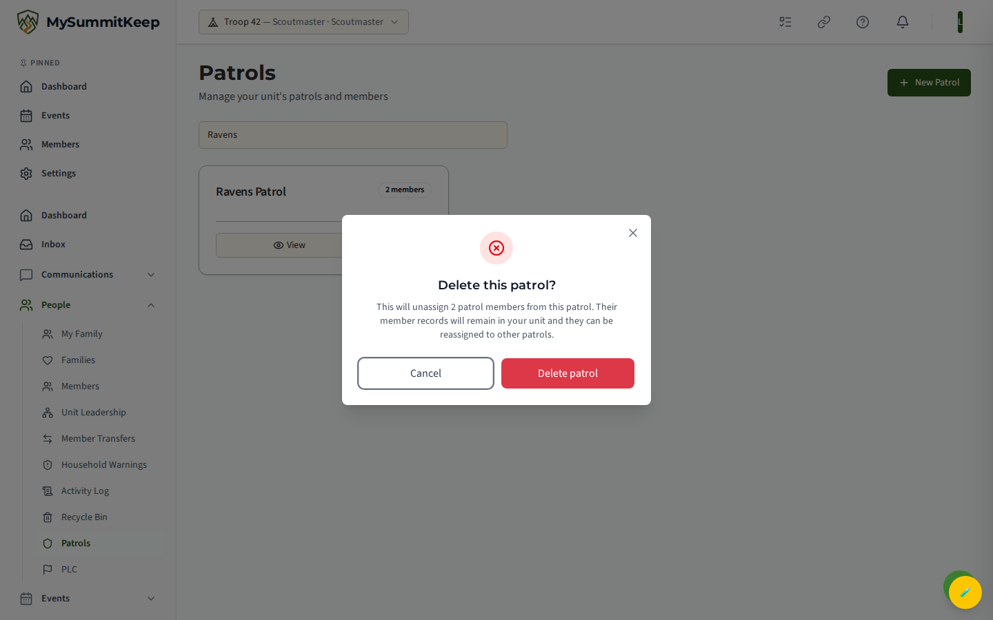 Delete confirmation explaining members will be unassigned (not deleted) with the affected headcount