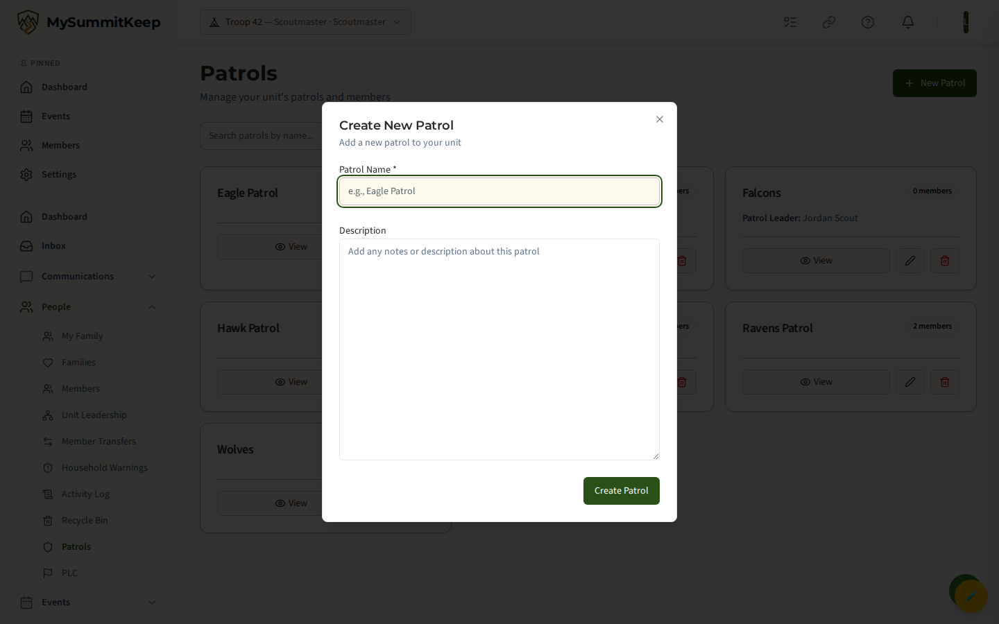 Create New Patrol/Den/Division dialog
