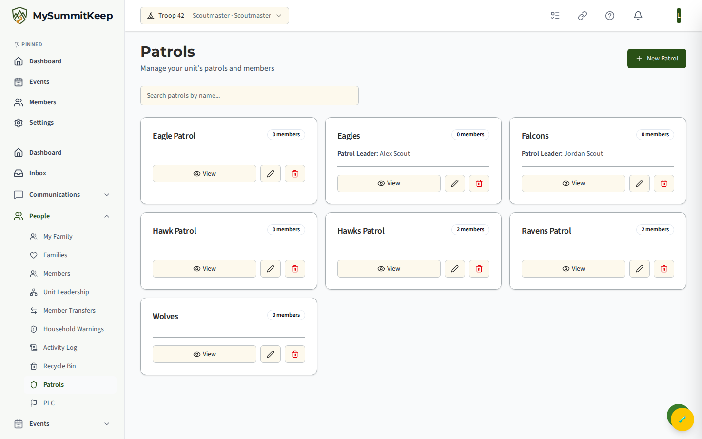 Patrols/Dens/Divisions list with group cards showing member counts and create button
