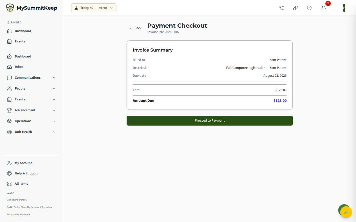 The /payments/checkout/:invoiceId Stripe-hosted checkout entry / PaymentCheckoutPage for paying a specific invoice.