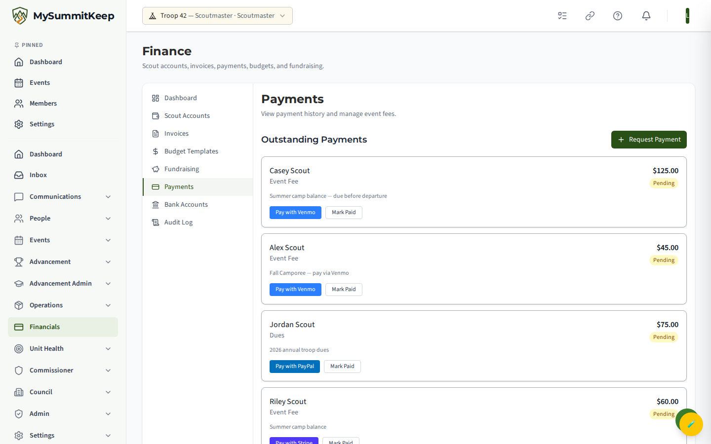 The /payments page: 'Outstanding Payments' list of unit payment requests with pay buttons, summary cards (Total Paid / Outstanding / Succeeded / Pending), and the payments history table.