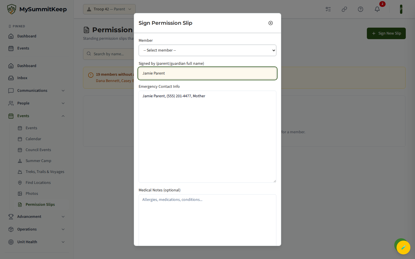 The 'Sign Permission Slip' modal: member select, signed-by full-name field, emergency contact, medical notes, and the image/medical-release consent checkbox.