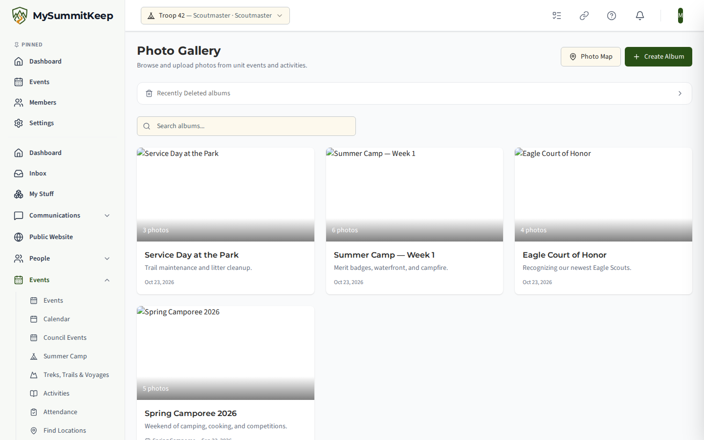 Photo Gallery at /photos showing the Photo Map and Create Album buttons, a search box and a grid of album cards with cover photo, photo count and date.