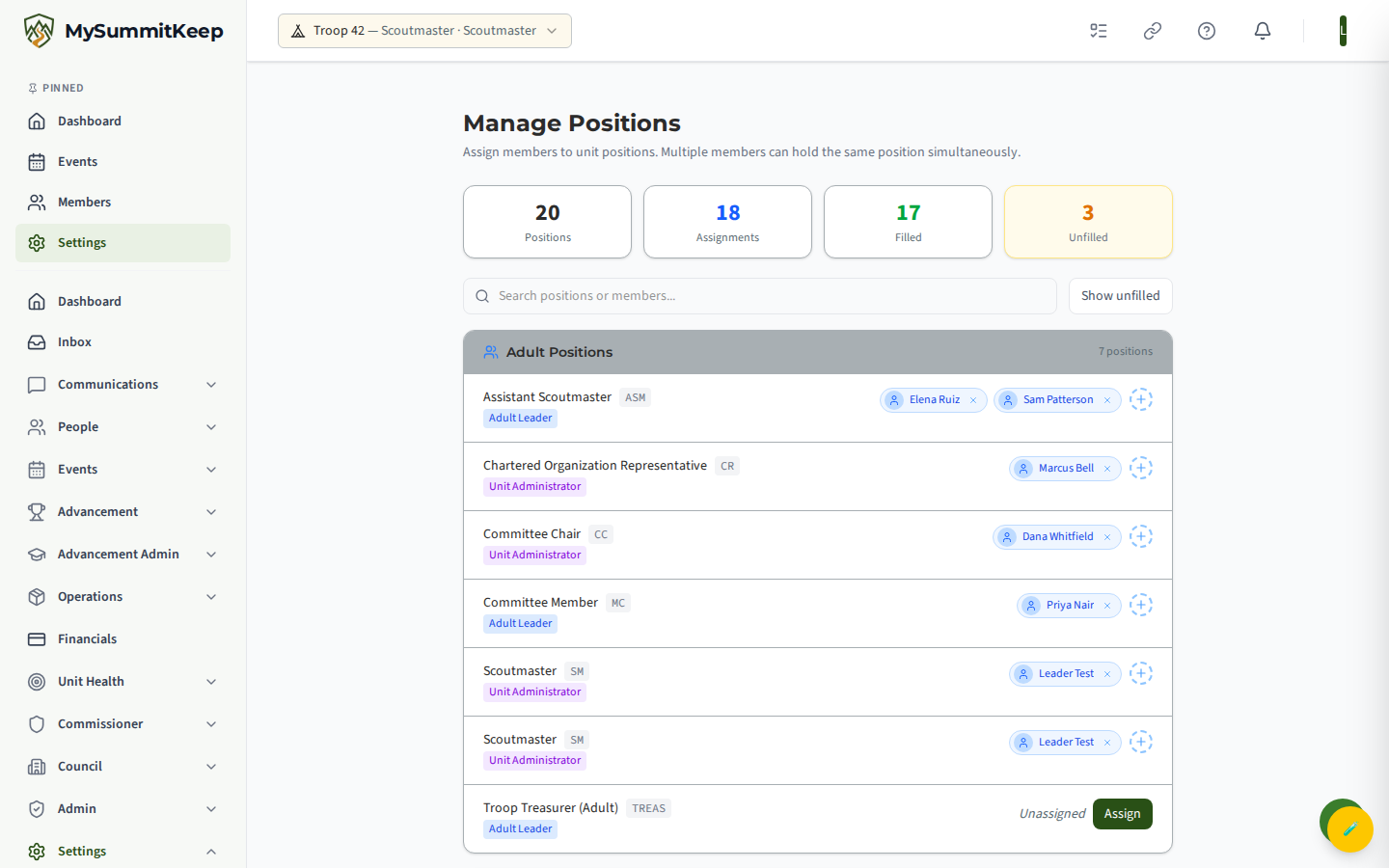 Positions of responsibility page with positions and current assignees
