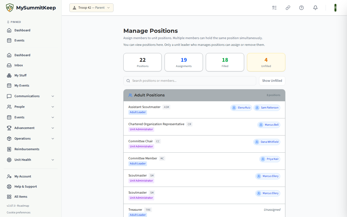 The Manage Positions page viewed by a parent: the positions and their holders are listed with a view-only note and no Assign, add, or remove controls