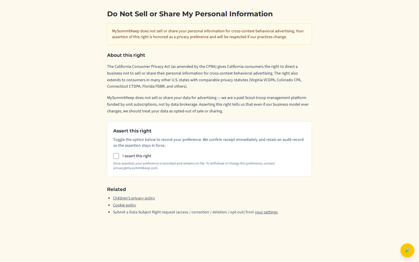 Public Do-Not-Sell-or-Share opt-out page with the confirmation control.