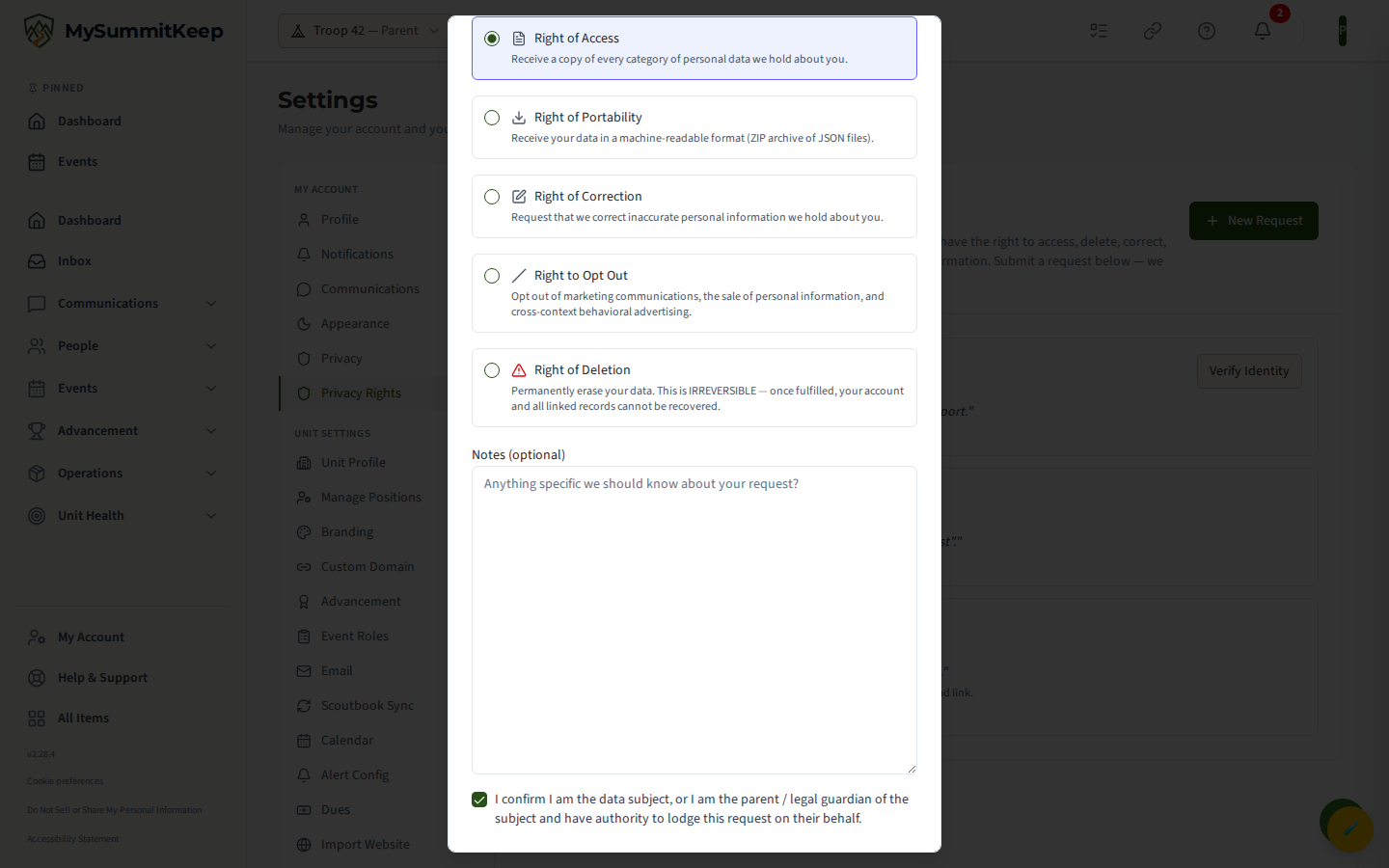 The DSR submit dialog with the request-type radio group (Access / Portability / Correction / Opt Out / Deletion) and the data-subject confirmation checkbox.