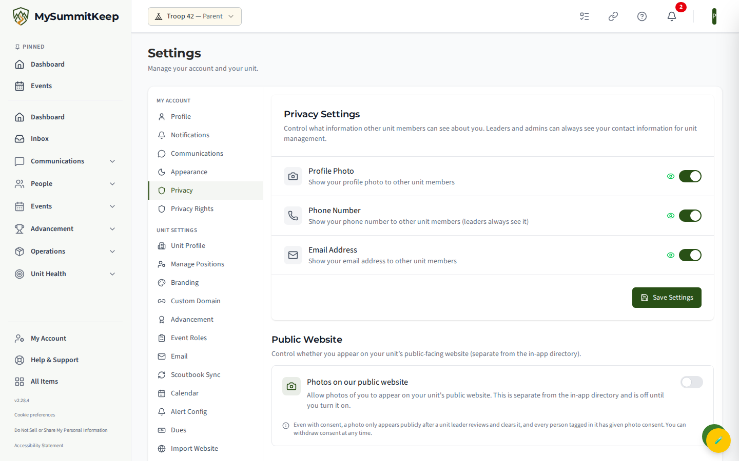 The /settings/privacy page showing the three roster-visibility toggles (Profile Photo, Phone Number, Email Address).