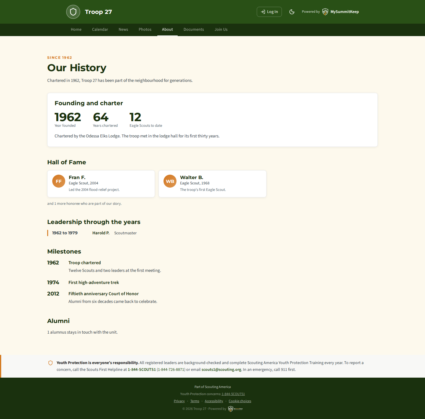 A unit's public About page with the Our History section: founding year and years chartered, a Hall of Fame showing only first names and last initials, leadership through the years and milestones.
