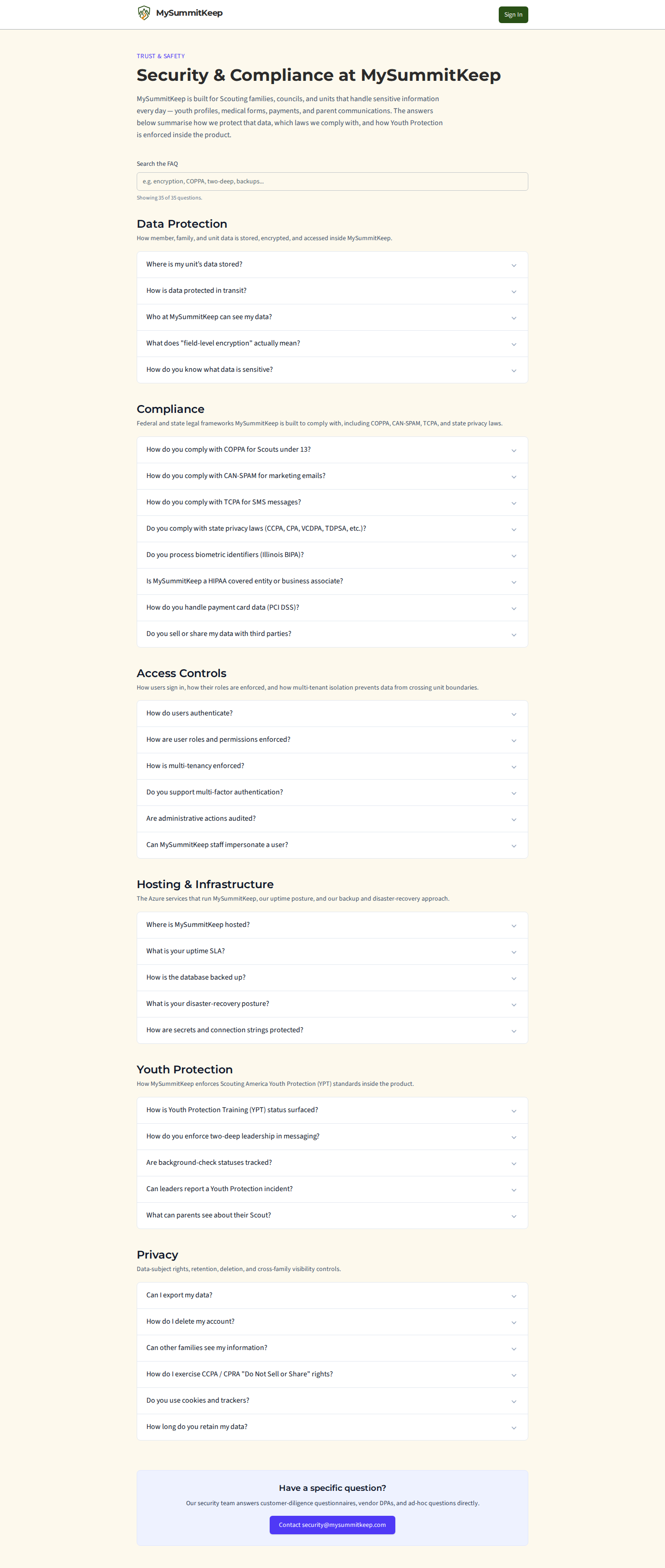 The public Security & Compliance at MySummitKeep page with its Trust & Safety introduction, the Search the FAQ box and the list of questions.