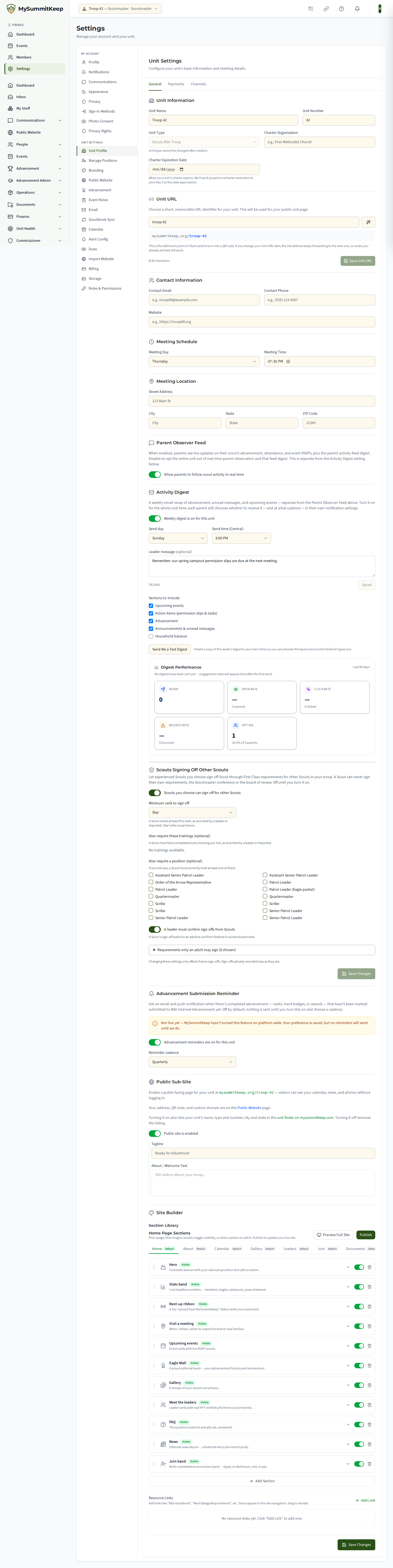 The Site Builder on the Unit Settings General tab: page tabs across the top, a drag-and-drop rail of sections on the left, a live preview, and the Publish button.