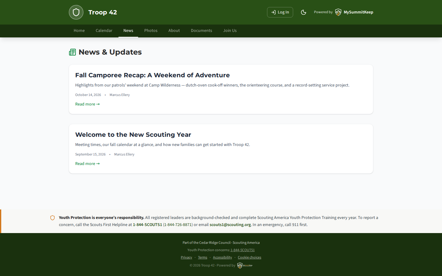 The unit's public News page on mysummitkeep.org with published posts.