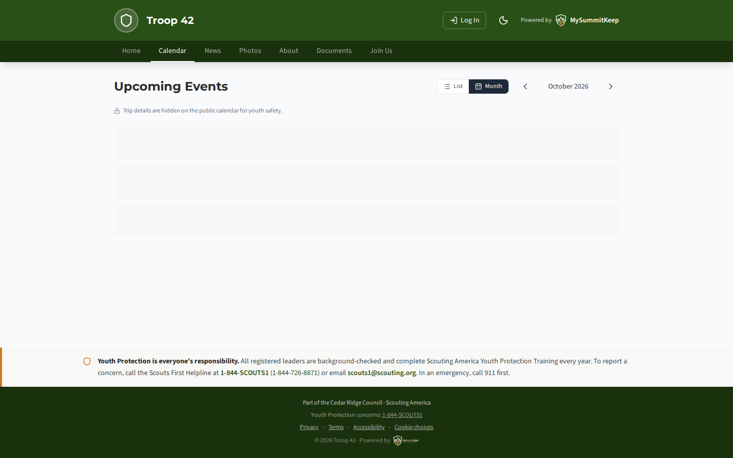 The unit's public calendar page on mysummitkeep.org listing upcoming public events.