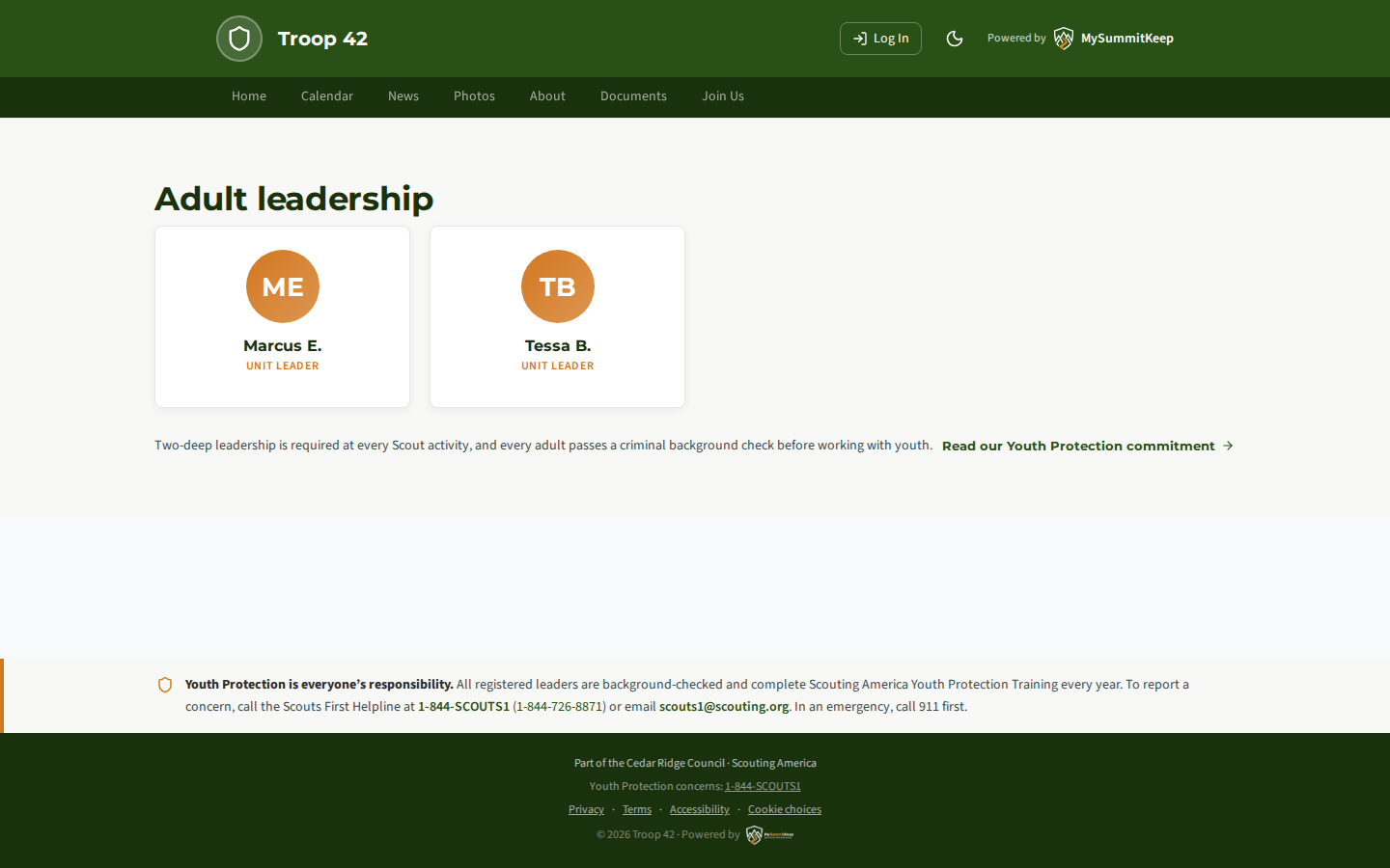 The unit's public Leaders page on mysummitkeep.org showing the leader grid.