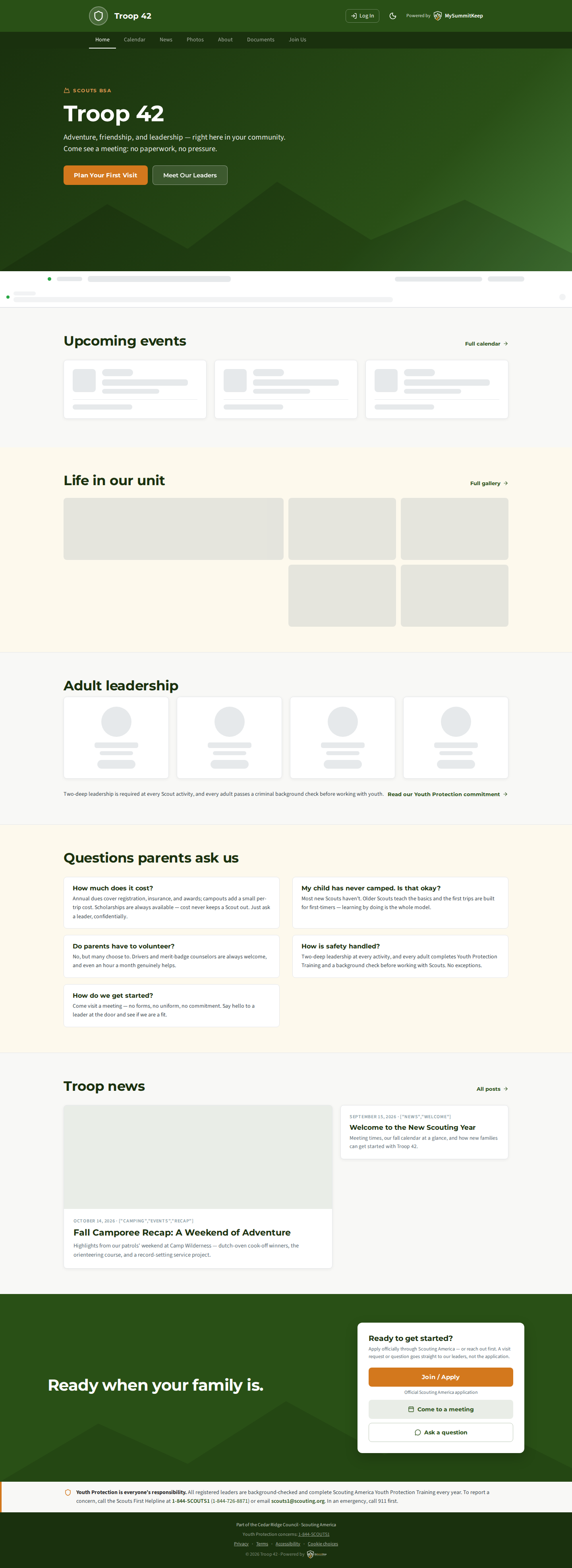 A unit's public website as a visitor sees it: brand-colored header and navigation, content sections, a youth-protection banner, and a footer crediting the council and Scouting America.