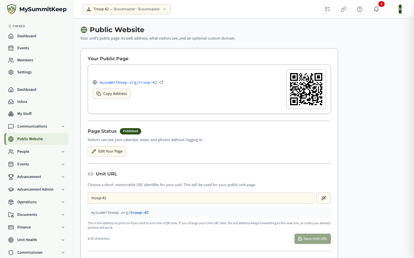 Public Website page showing the unit's public address with a copy button and QR code, the page status, and the Unit URL editor.