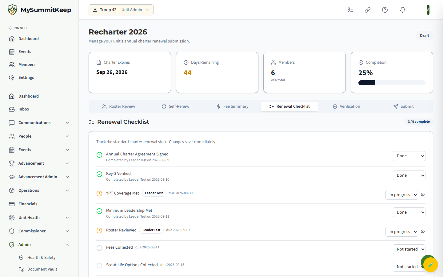 Renewal Checklist tab listing the nine standard steps, each with a status dropdown and any assignee or due date shown on the row.