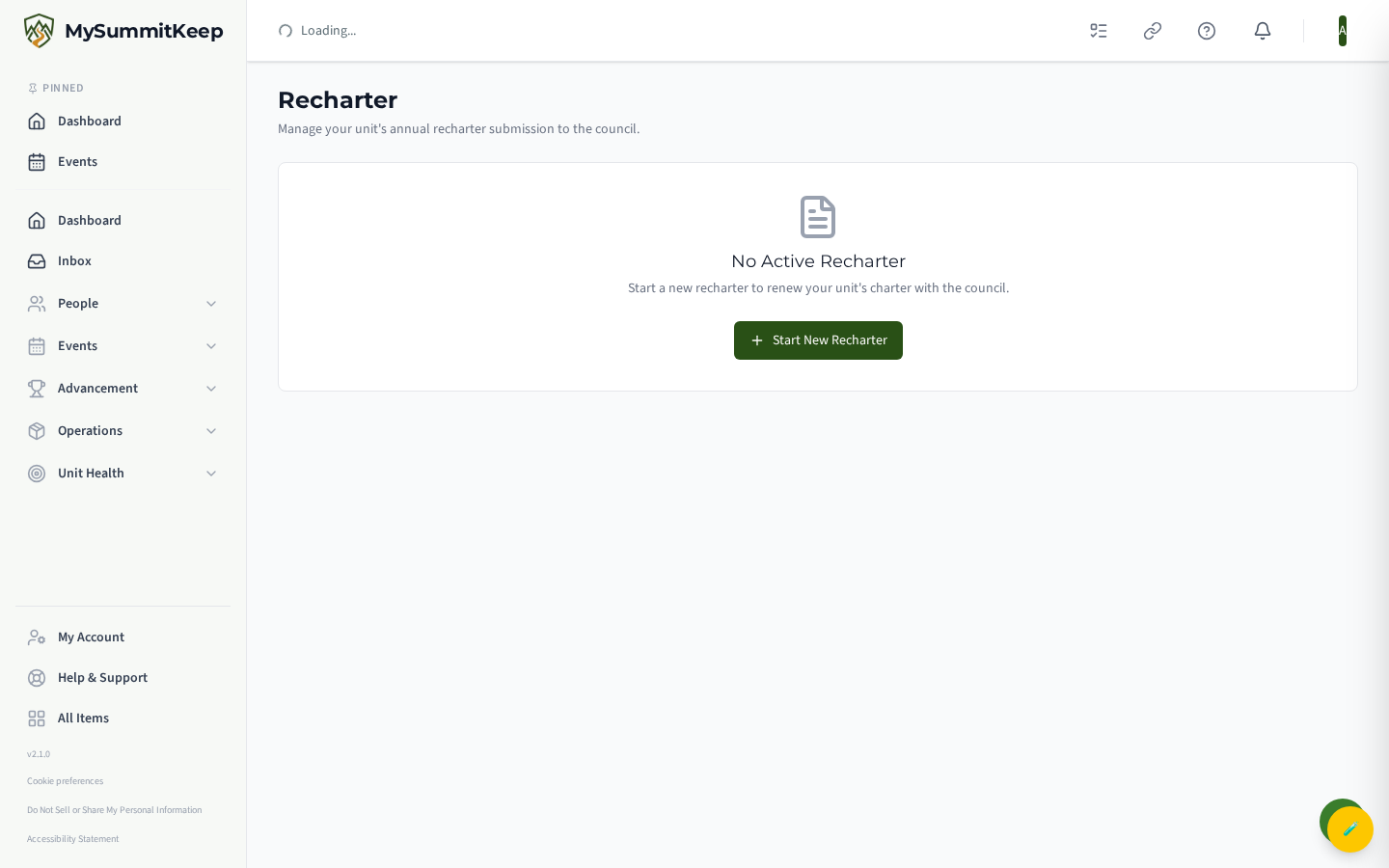 New Recharter Submission form capturing Charter Year, Charter Expiration Date, Registration Fee Per Member, Unit Charter Fee and Scout Life Subscription.