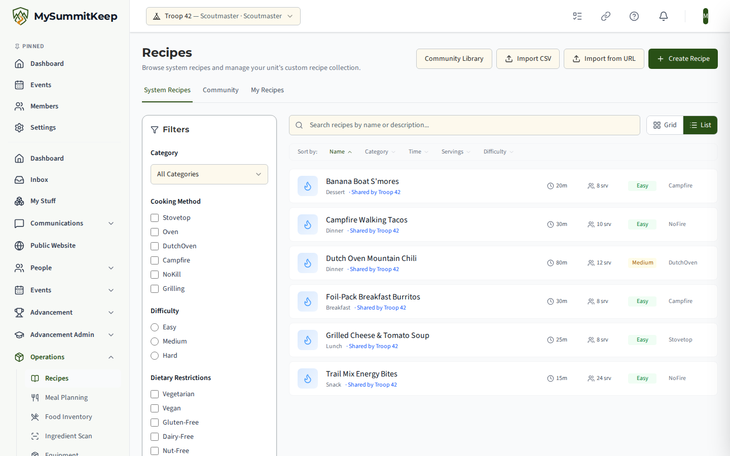 Recipes page in list view: sortable rows showing cooking time, servings, difficulty and cooking method for each recipe.