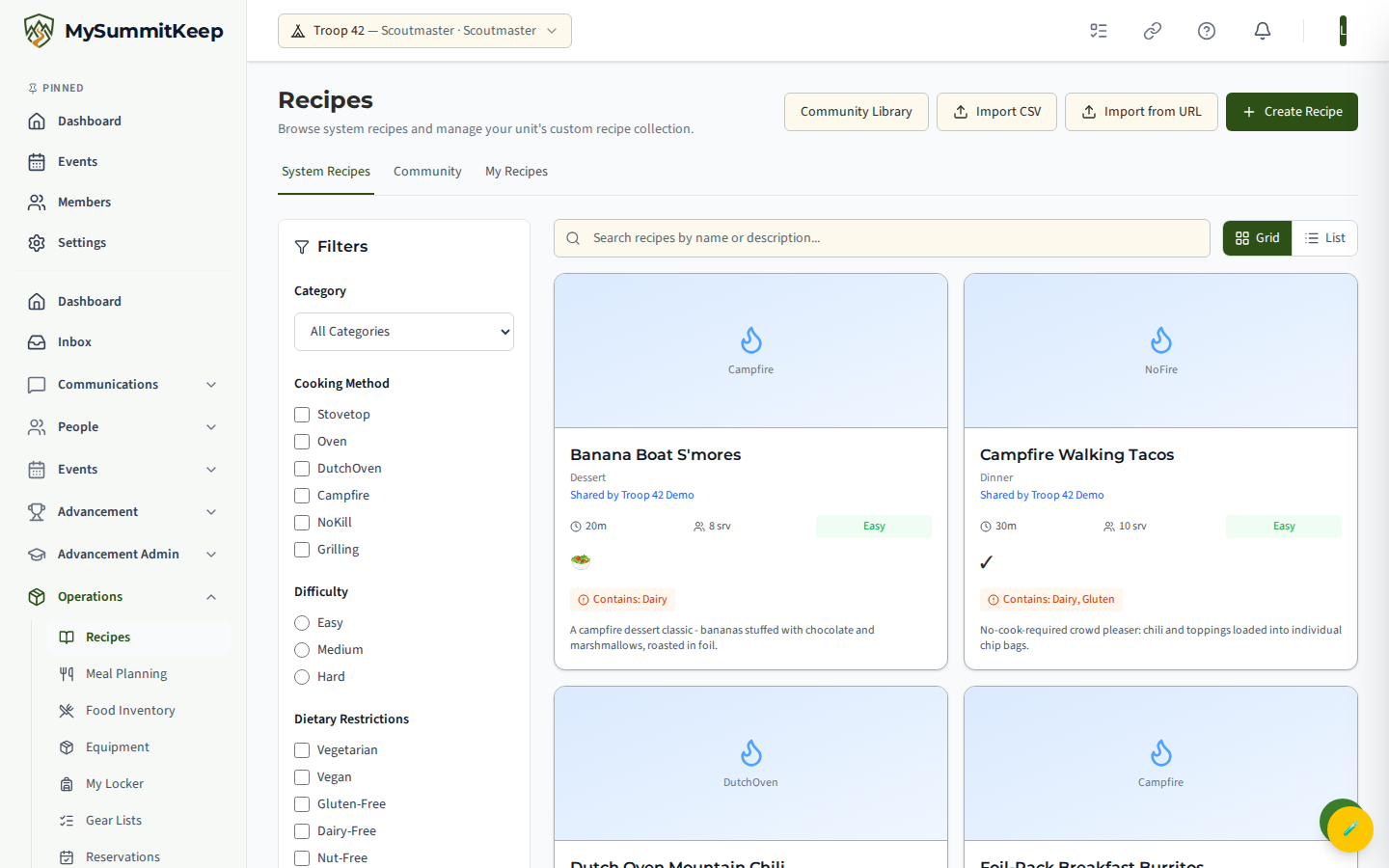 Recipes page at /recipes with search and the recipe grid.