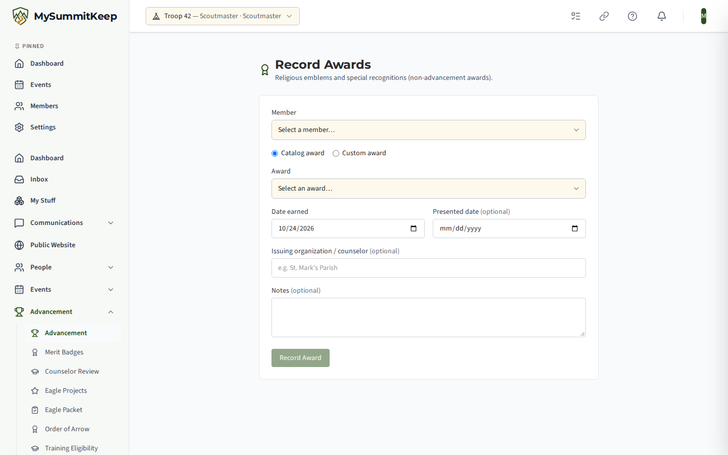 The Record Awards page at /advancement/awards with a form to record non-advancement recognitions for a Scout and a list of previously recorded awards