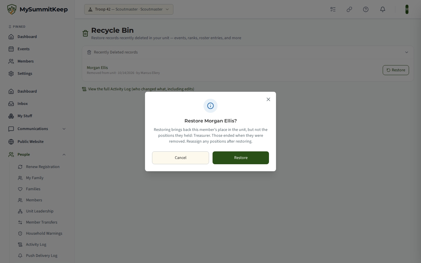 The Recycle Bin with the Restore dialog open for a removed member, Morgan Ellis: it says restoring brings back their place in the unit but not the positions they held, Treasurer, which ended when they were removed, and to reassign positions after restoring.