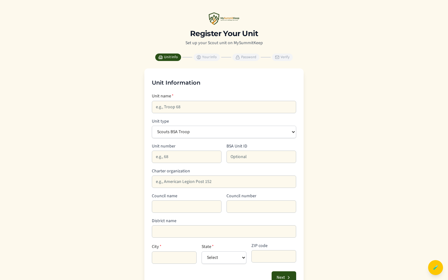The /register-unit Registration submitted! confirmation screen