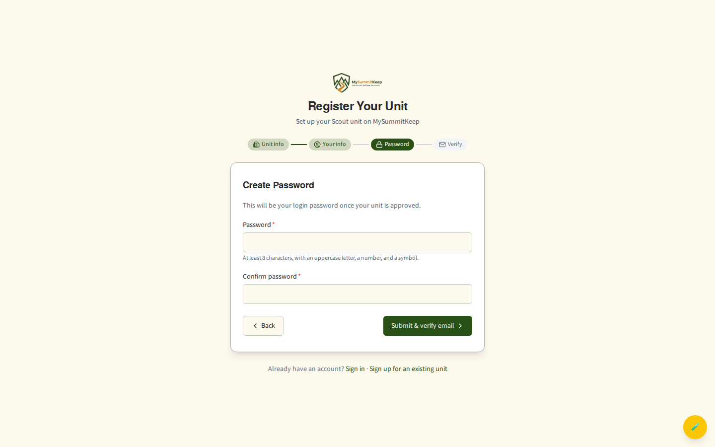The /register-unit step 3 Create Password form with the strength requirements helper text