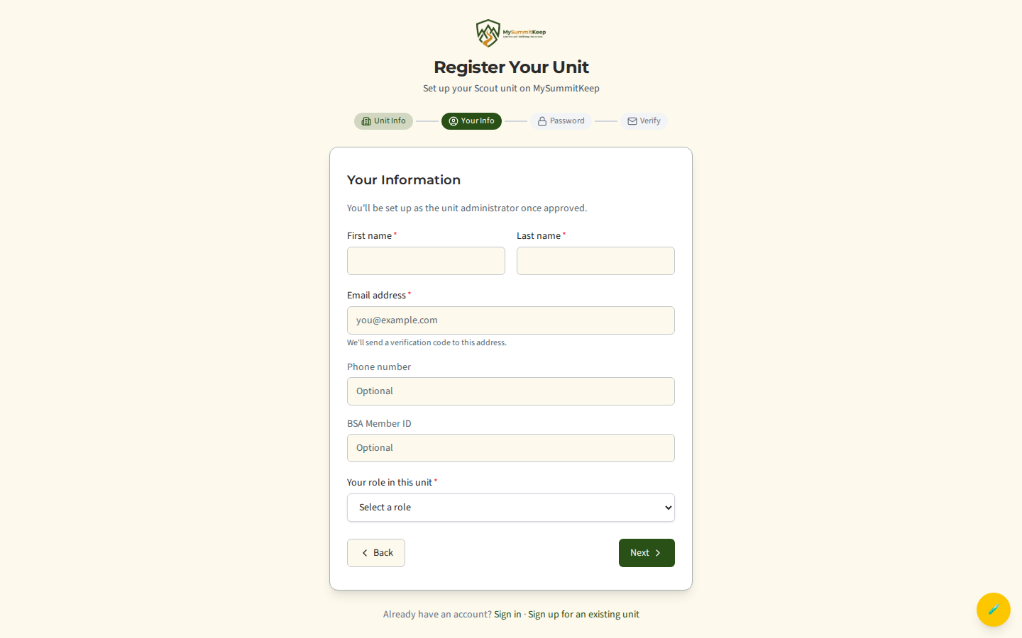 The /register-unit step 2 Your Information form with role dropdown