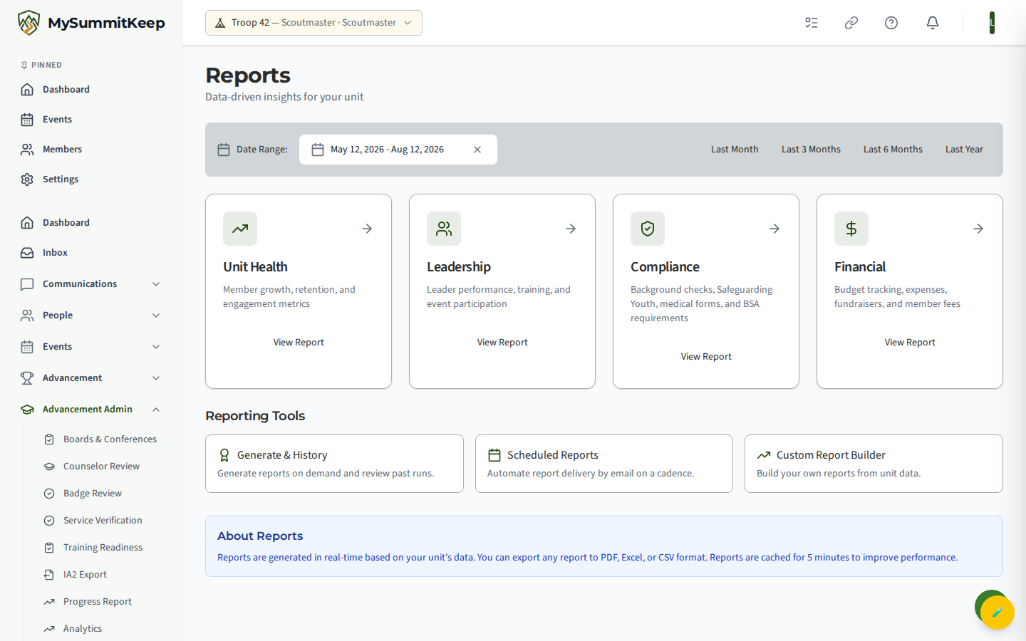 Reports dashboard at /reports with the report category cards and Reporting Tools section.