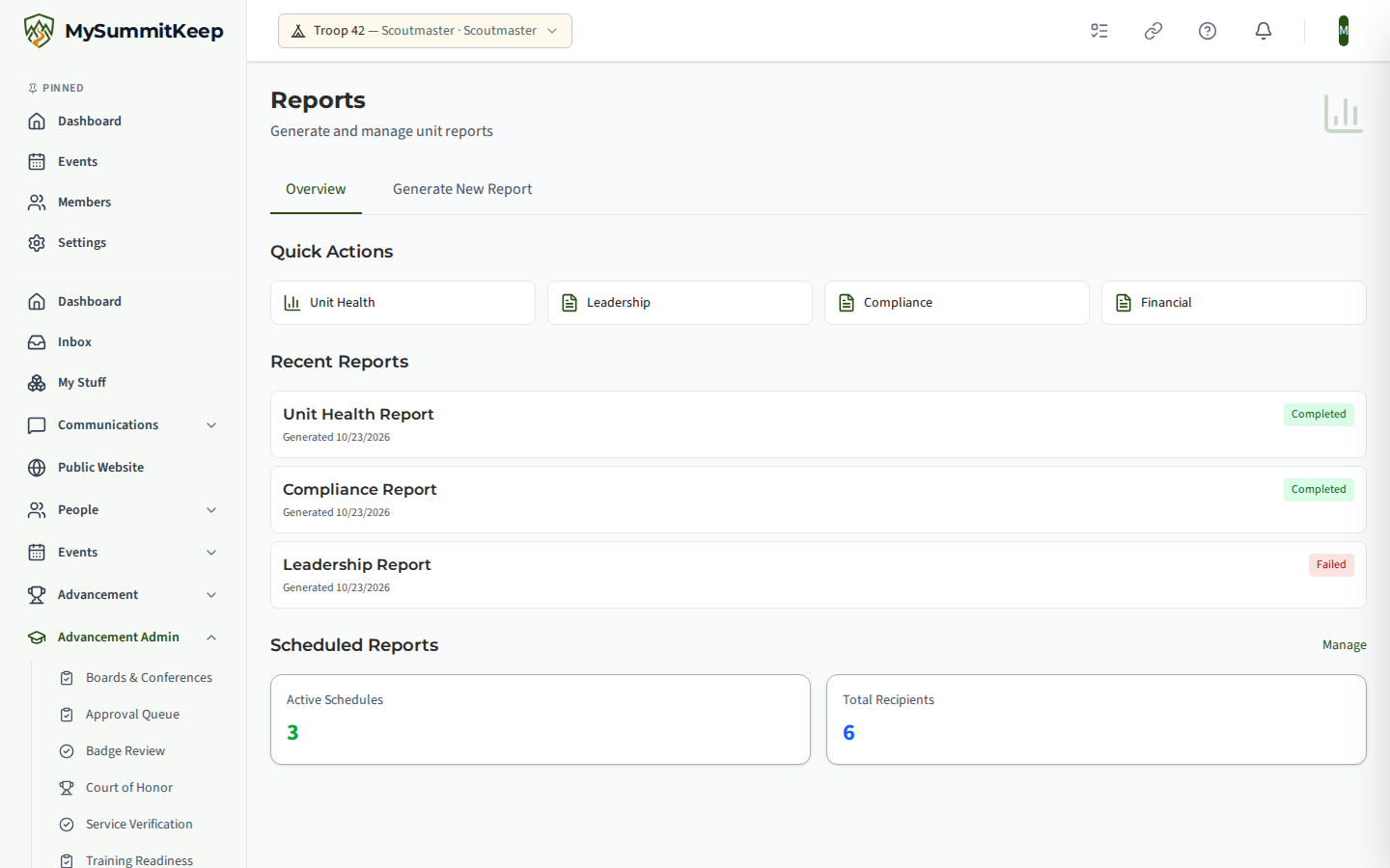 The Reports management page at /reports/manage with on-demand generation controls and a history list of previously generated reports