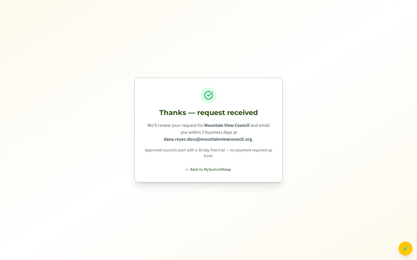 The /request-council thank-you confirmation screen mentioning review within 2 business days and the 30-day trial