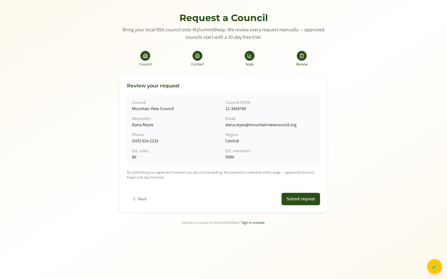 The /request-council Review your request summary step