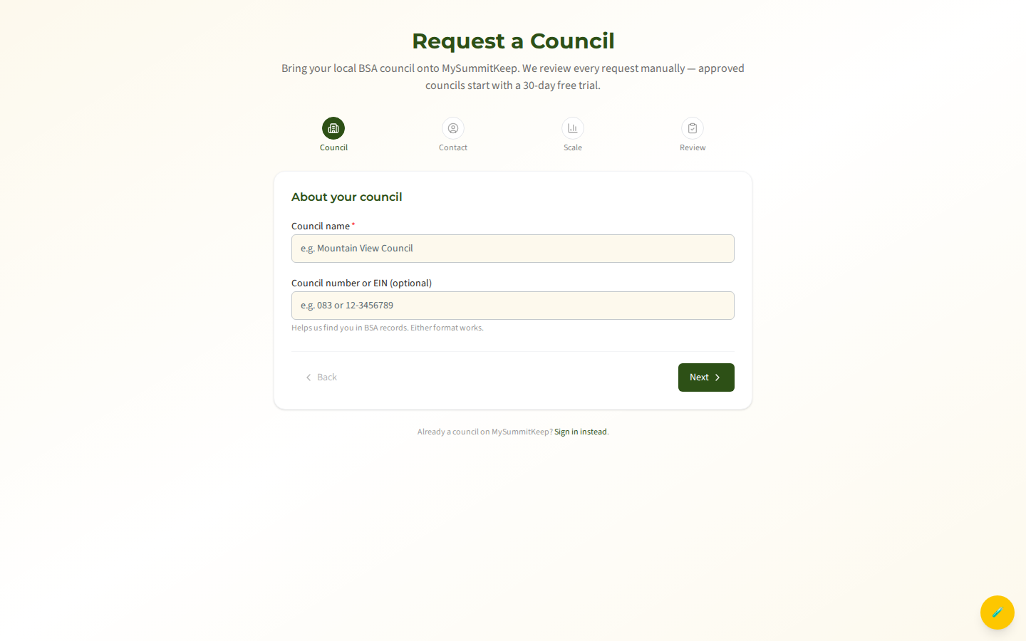 The /request-council step 1 About your council form with the 4-step stepper