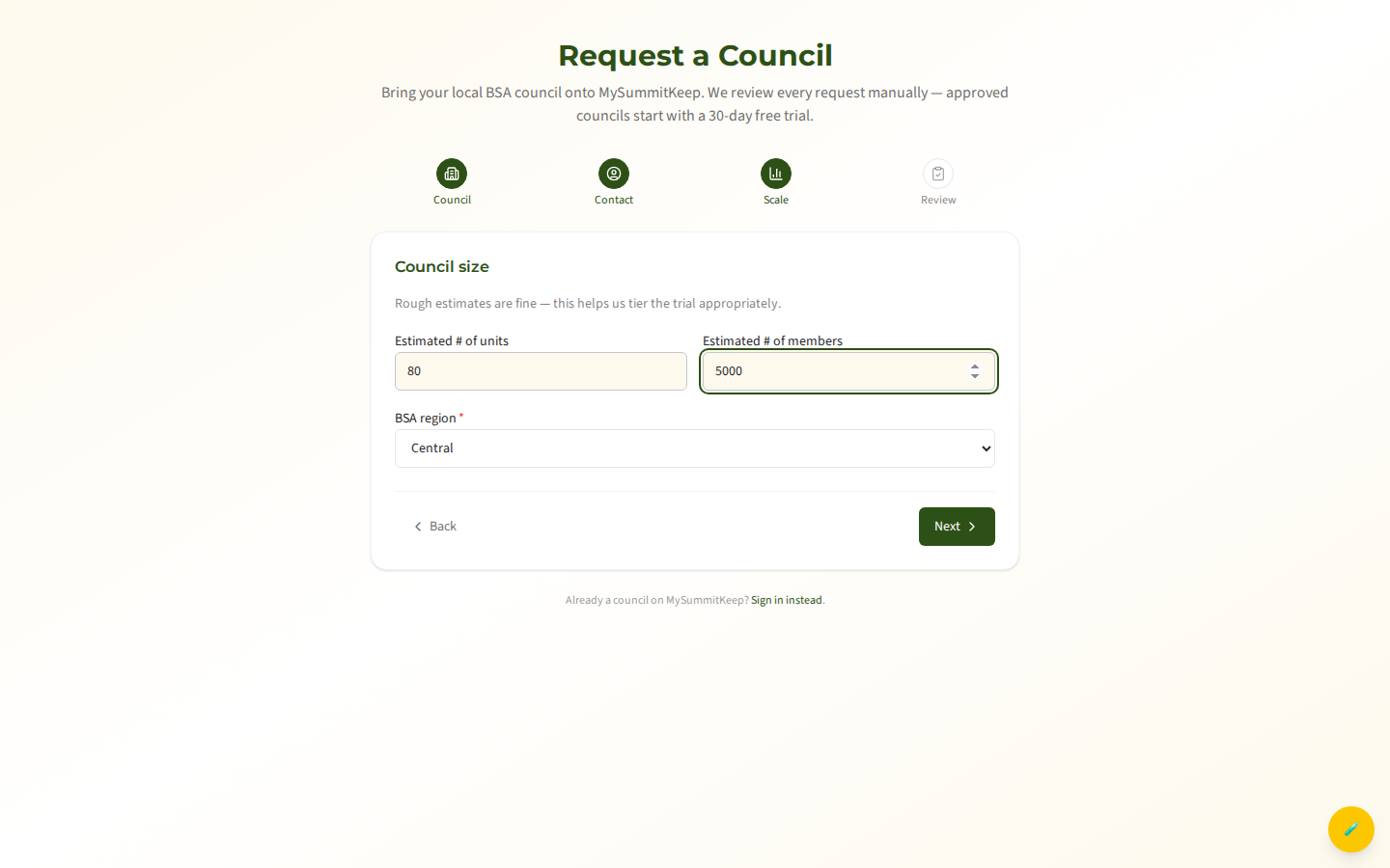 The /request-council Council size step with estimated unit/member counts and the BSA region selector