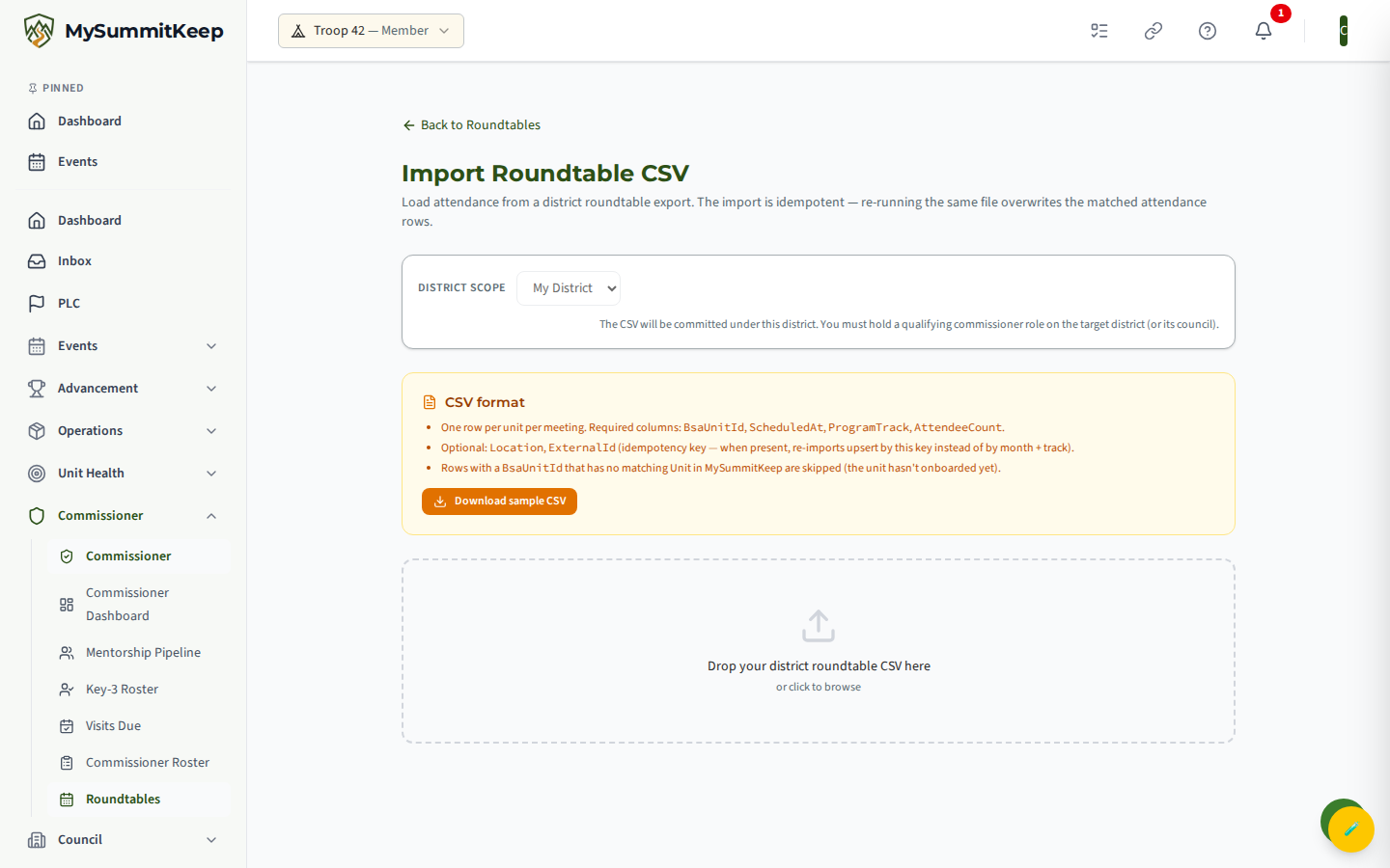 Roundtable CSV import page (/commissioner/roundtables/import) showing parse preview before commit