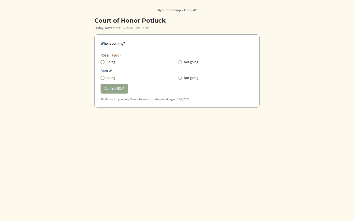 The RSVP page opened from the email: the event, and Going and Not going choices for the parent and their Scout shown by first name and last initial, with the Confirm RSVP button.