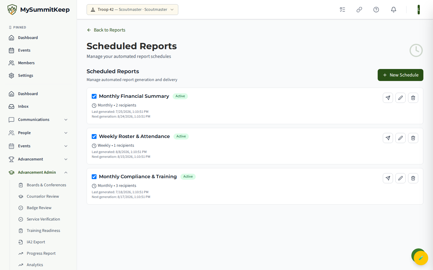 Scheduled Reports page at /reports/scheduled listing automated report deliveries.
