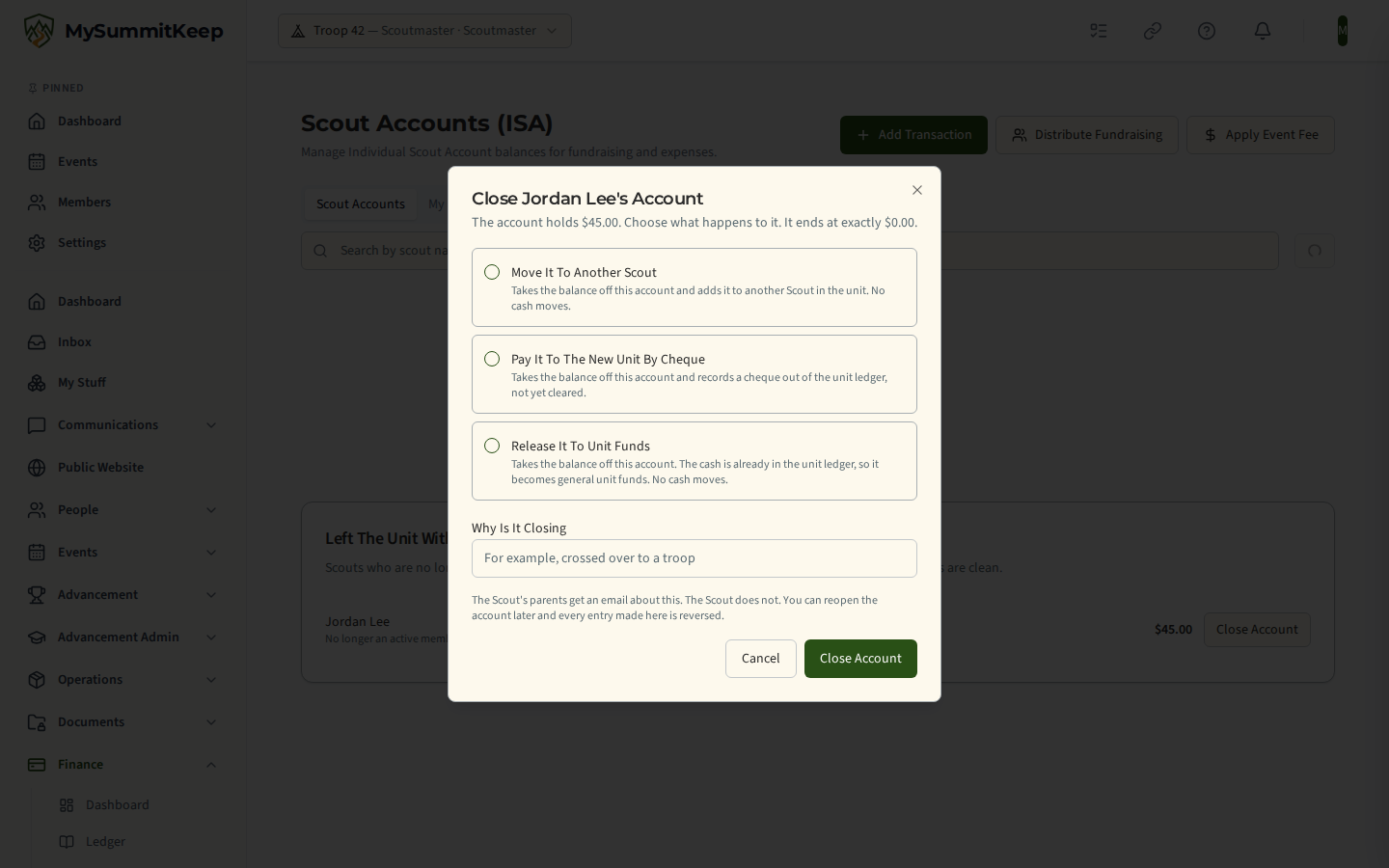 The Close Account dialog offering to move the balance to another Scout, pay it to the new unit by cheque, or release it to unit funds, with a reason box.
