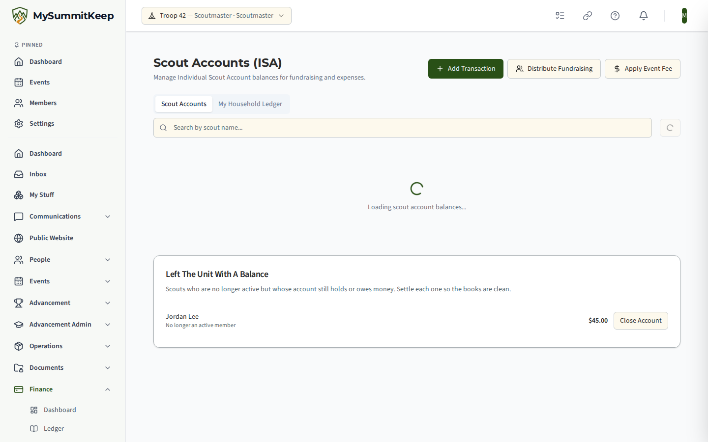 The Left The Unit With A Balance section on Scout Accounts listing a Scout who transferred out with a balance and a Close Account button.