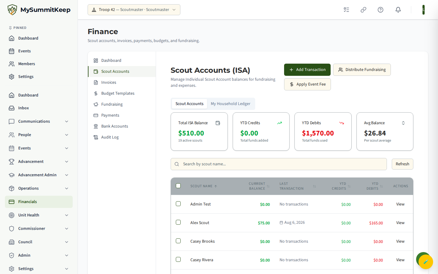 Scout Accounts (ISA) page at /financials/scout-accounts with Total ISA Balance / YTD Credits / YTD Debits / Avg Balance KPI cards and the sortable per-scout balance table with Add Transaction, Distribute Fundraising and Apply Event Fee buttons.