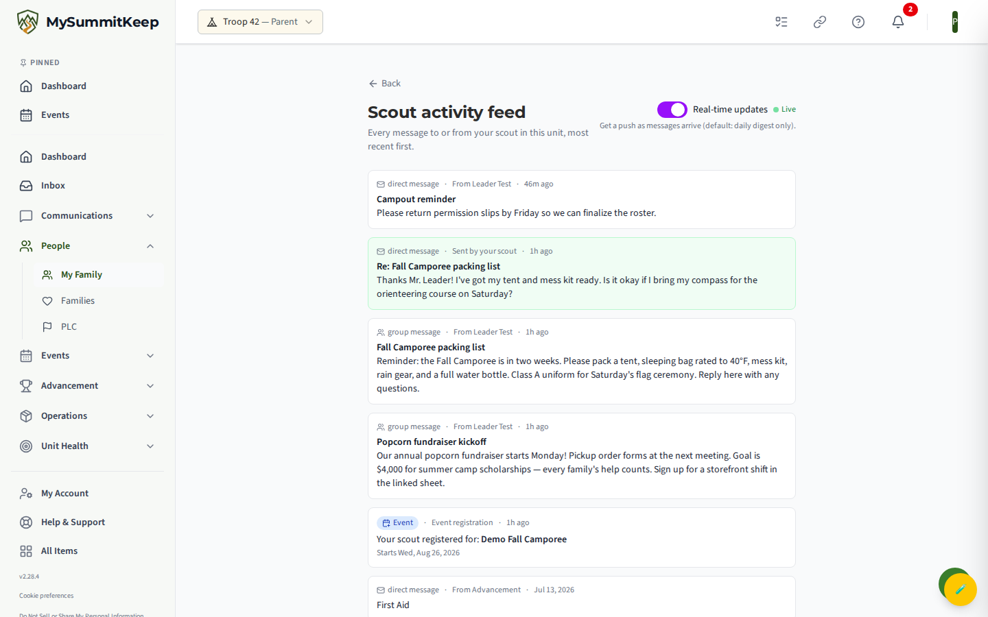 Full /family/feed page: header 'Scout activity feed', the Real-time updates toggle (with Live indicator), and a mix of channel/direct/group message cards, a green 'Advancement' card, and a blue 'Event' card.