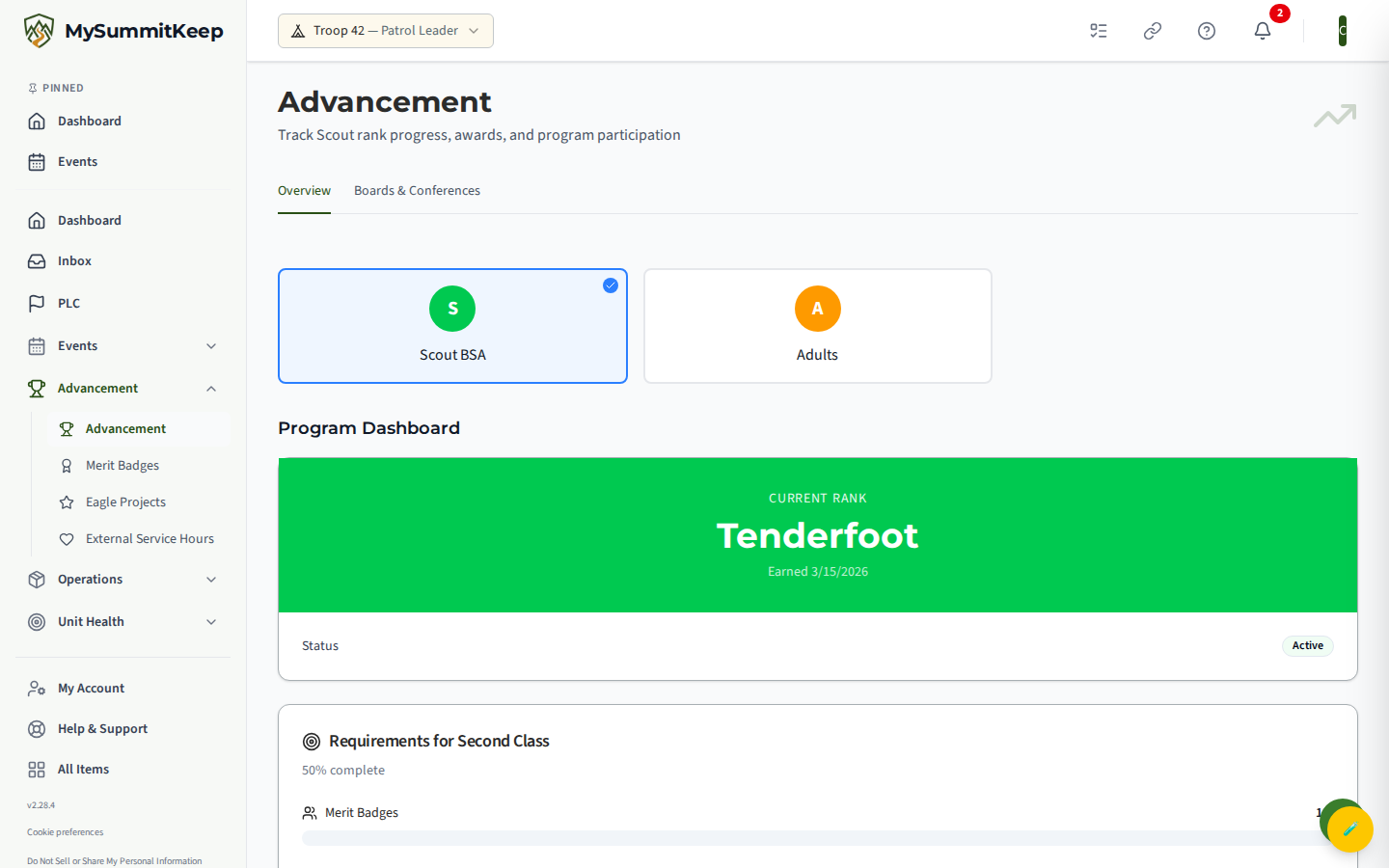 The /advancement Overview tab for a Scout: page heading 'Advancement', the Overview tab selected, a program selector, the 'Your Rank Journey' rank timeline, and the 'Current Rank' progress card showing the current rank badge, requirement progress bars for the next rank, and an Overall Progress percentage.